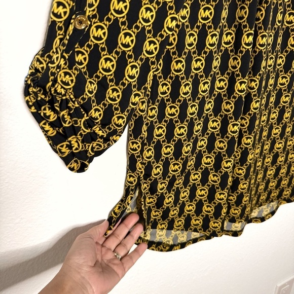 Michael Kors logo monogram black gold stretch tunic blouse top size L - Picture 8 of 10